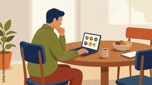 Man Analyzing Data on Laptop at Home Office Flat Illustration