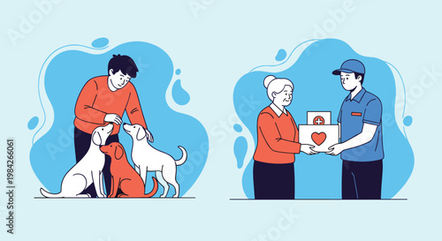 Man caring for several dogs and delivery person handing heart marked box to senior woman representing community help.