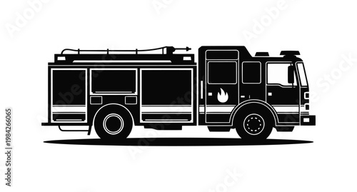 Fire Rescue Truck Silhouette Vector, Emergency Fire Engine Black Icon, Firefighter Response Vehicle Design on White Background