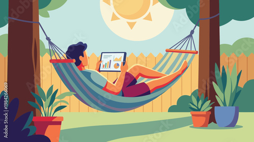 Man Working Remotely on Tablet in Garden Hammock