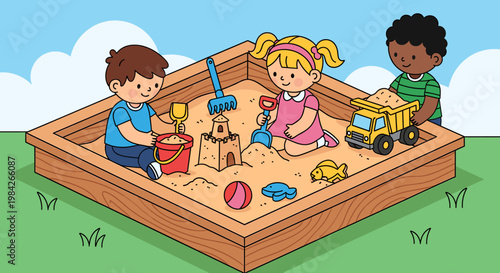 Three diverse young children joyfully playing together in a wooden sandbox, building sandcastles and using toy vehicles on a sunny day.