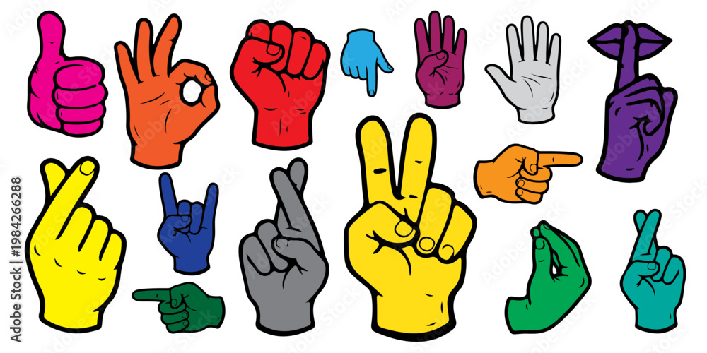 Fototapeta premium Large collection of colorful hand gestures and finger signals doodle icons. Set of hand drawn arms showing thumbs up, okay, peace sign, fist and pointing finger, isolated. Vector illustration.