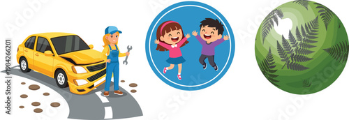 Car Breakdown with Mechanic Repairing Vehicle on Road, Happy Jumping Children in Circle Frame, and Green Nature Globe Environmental Vector Illustration
