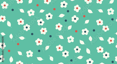 Playful seamless pattern featuring white flowers, leaves, and colorful dots on a vibrant teal background for children clothing or decor.
