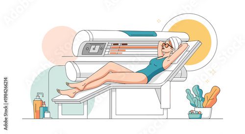 Illustration of a woman in a swimsuit and sunglasses relaxing in a modern tanning bed at a spa with abstract sun and plants.