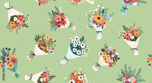Colorful pattern of various flower bouquets wrapped in white paper scattered on a light green background for a cheerful design.