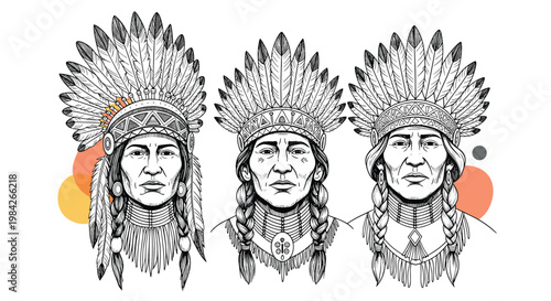 Three detailed black and white portraits of Native American men wearing traditional feathered headdresses against abstract background shapes.