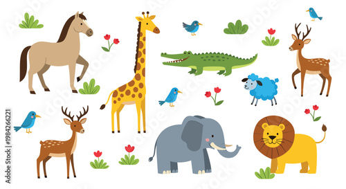 Colorful collection of cute cartoon wild and domestic animals including a lion, elephant, and giraffe isolated on white background.