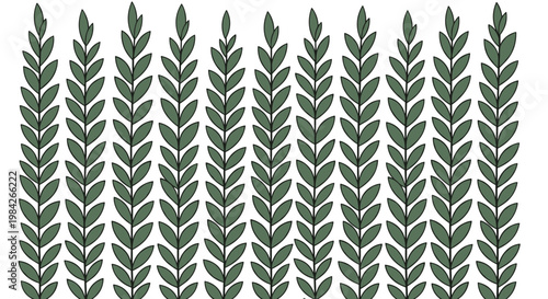 Dense pattern of green leafy branches arranged vertically on a white background representing a garden hedge or forest thicket.