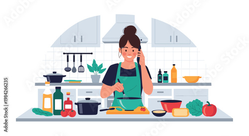 Young woman standing in a modern kitchen preparing food and whisking a bowl while talking on her smartphone during her daily routine.