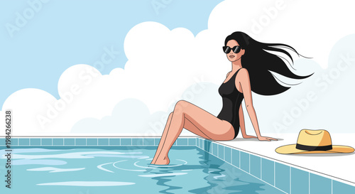Beautiful woman wearing a black swimsuit and sunglasses sitting on the edge of a swimming pool under a bright cloudy summer sky.