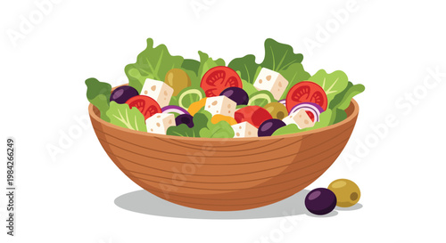 Healthy Mediterranean Greek salad served in a rustic wooden bowl with fresh lettuce, tomatoes, feta cheese, olives, and red onion.