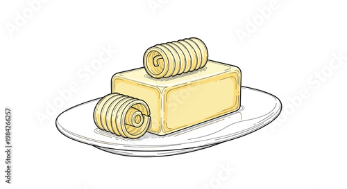 Hand drawn illustration of a block of yellow butter placed on a ceramic plate with two decorative butter curls on top and beside it.