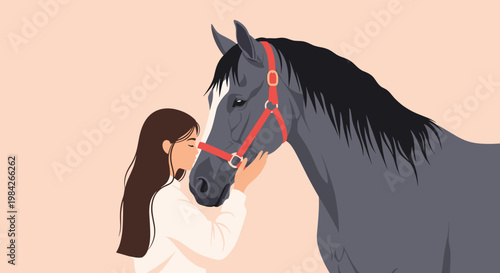 Gentle moment between a young woman with long dark hair and a majestic grey horse as she affectionately touches its nose and face.