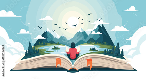 Creative illustration of a person sitting and reading an enormous open book that reveals a beautiful landscape of mountains and lakes.