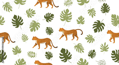 Stylish seamless pattern featuring majestic leopards walking among lush green tropical monstera leaves on a clean white background.