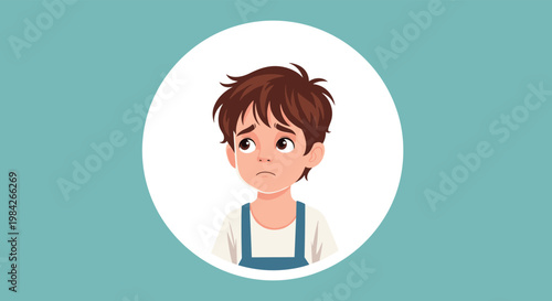 Cartoon portrait of a young boy with dark hair and a sad facial expression looking away inside a white circular frame on blue.