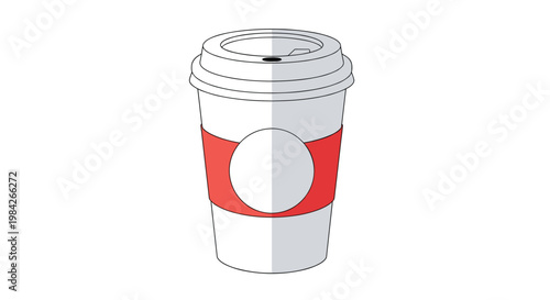 Vector illustration of a white paper coffee cup with a red sleeve and a black lid showing a minimalist and modern cafe drink concept.