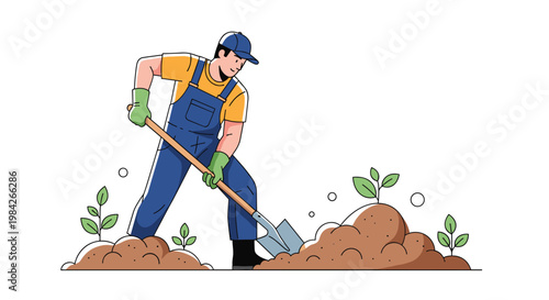 Hardworking gardener in a blue cap and overalls digging into the soil with a metal shovel to plant small green sprouts in the garden.