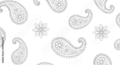 Intricate black and white paisley pattern with detailed floral ornaments and teardrop shapes for elegant textile and wallpaper designs.