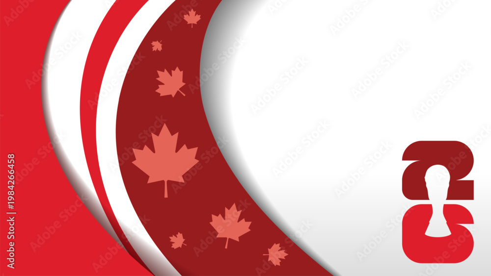 Fototapeta premium Canadian national flag ribbon background for 2026 football tournament. Red and white wavy ribbons with maple leaves and trophy silhouette for soccer world championship in canada.