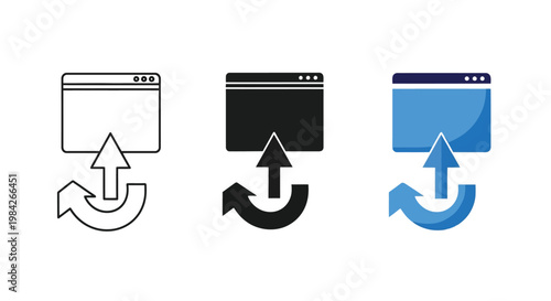 This clean vector illustration features a web browser window icon with an upward-pointing upload arrow and a circular refresh symbol, representing digital content updates and data synchronization.