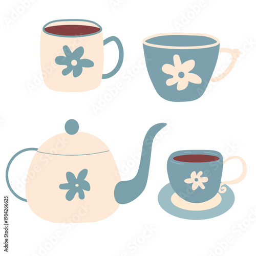 Set of teapot and cups decorated with floral pattern. Kitchen tableware arranged together, isolated on light background, representing tea drinking, home routine, and decorative drinkware.