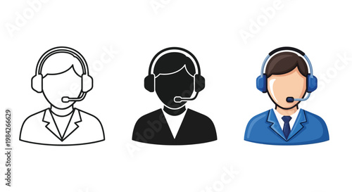 Set of professional customer service representative vector graphic icons depicting a friendly operator wearing a headset for various communication tasks in a clean modern design style
