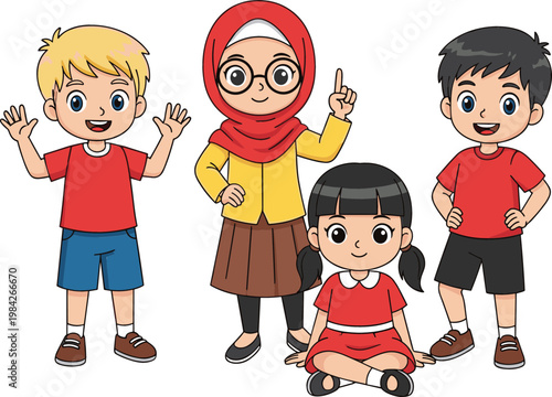 Diverse Cartoon School Children Characters with Female Teacher Wearing Hijab Standing Together Educational Kids Vector Illustration