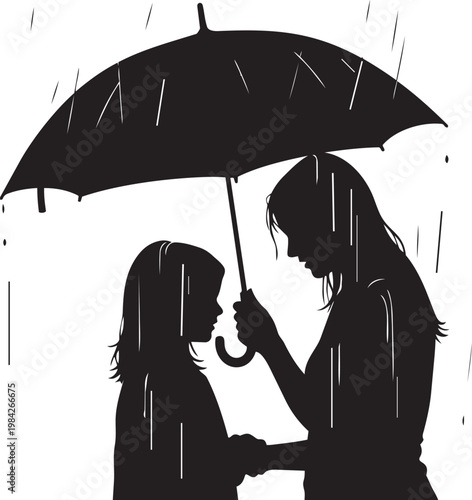 Silhouette of a couple sharing a drink under an umbrella on a rainy day, romantic scene, black and white image
