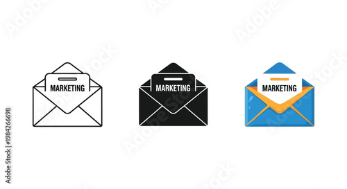 Three variations of an open marketing email icon featuring a bold letter inside a professional vector graphic design style set for modern business communication usage