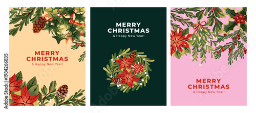 Merry Christmas and Happy New Year greeting cards set. Designs of Xmas postcards with branches of pine tree, mistletoe, holly berry and red flowers for winter holidays. Flat vector illustration