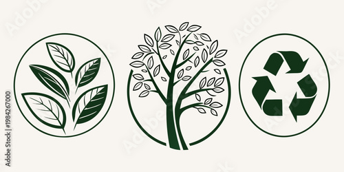Set of three round ecological icons featuring leaves a detailed tree a recycling symbol for environmental design eco friendly environment recycling sustainability