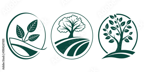 Set of circular eco friendly tree and landscape logos with landscape environment botanical illustration sustainable minimalist isolated branding identity agriculture