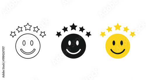 Three distinct vector graphic variations of a smiling happy face icon combined with five gold stars representing excellent customer service ratings for your digital design projects