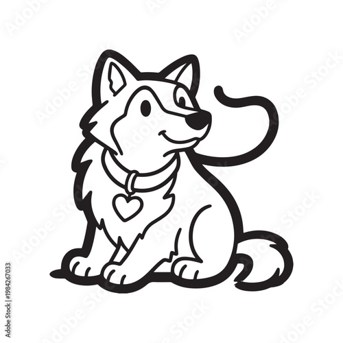 Cute Cartoon Husky Dog Looking at Hanging Heart Shape Black White Illustration.