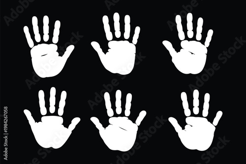 Set of black ink human handprint silhouettes for identity biometric security human rights community support stop violence protest and abstract creative art design .