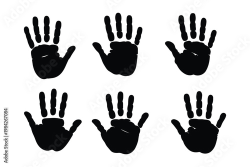 Set of black ink human handprint silhouettes for identity biometric security human rights community support stop violence protest and abstract creative art design .