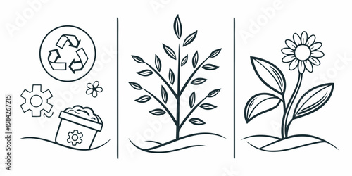 Environmental sustainability and gardening icons with recycle symbol sustainability environment gardening illustration botanical protection conservation recycling industry