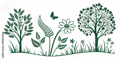 Natural garden scene with trees flowers and butterfly silhouette butterfly landscape silhouette botanical illustration environment decorative ornamental background