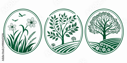 Set of three circular nature landscapes with flowers and trees in green silhouette style landscape circular silhouette collection botanical illustration environment