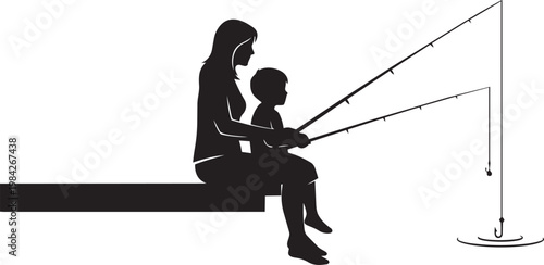 Mother and child sitting on a bench fishing together with fishing rods on a calm day