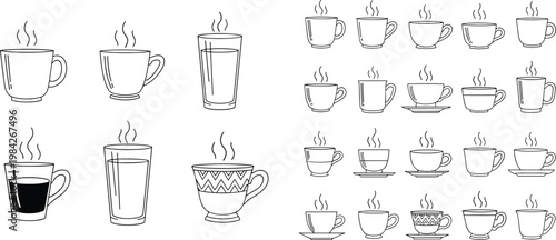 coffee, cups, set, collection, line, art, mugs, tea, steaming, beverage, cafe, outline, minimal, illustration, drink, kitchen, hot, espresso, design, icons