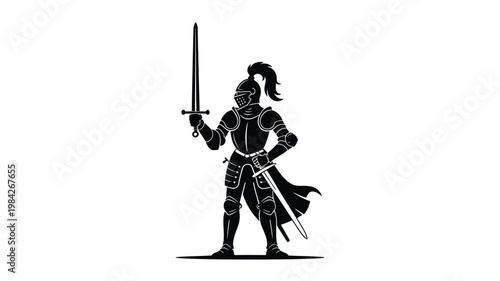 Medieval knight in armor holding two swords ready for battle illustration