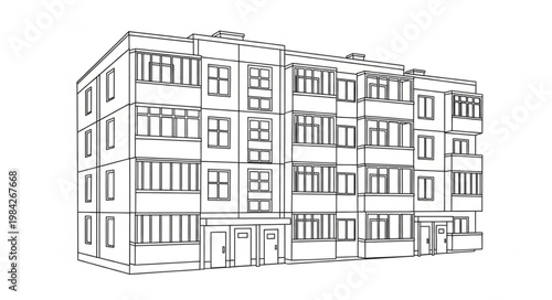 Modern Apartment Building Facade Sketch Architectural Drawing.