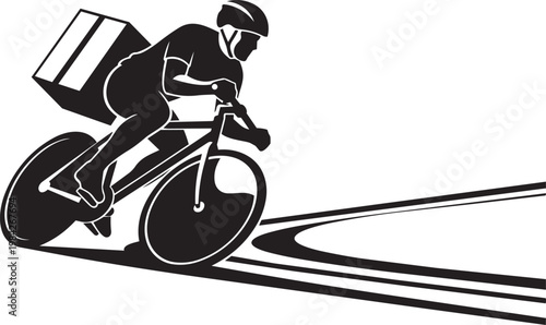 Silhouette of a cyclist riding a bicycle on a curved road with motion lines, representing speed and outdoor activity