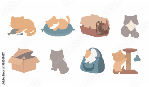 Cute cat activities and supplies set flat vector kittens playing sleeping carrier box scratching post