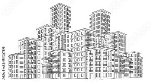 Modern Apartment Building Architectural Drawing.