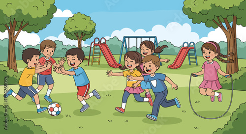 A group of diverse children joyfully playing various games on a sunny day in a park with playground equipment.