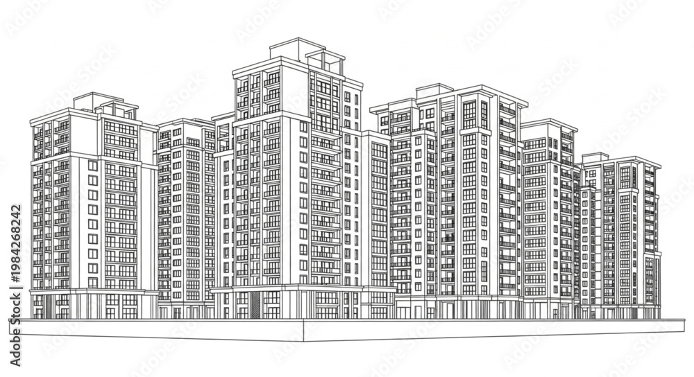 Fototapeta premium Modern Apartment Building Facade Architectural Drawing.